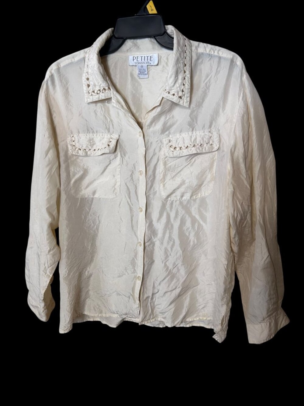 Petite Sophisticate 100% Silk Blouse Cream Ivory Cutwork Collar M Petite Vintage